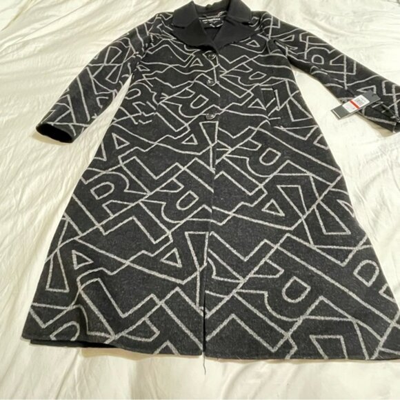 Karl Lagerfeld Paris Logo Print Collared Wool Blend Coat - Picture 13 of 15